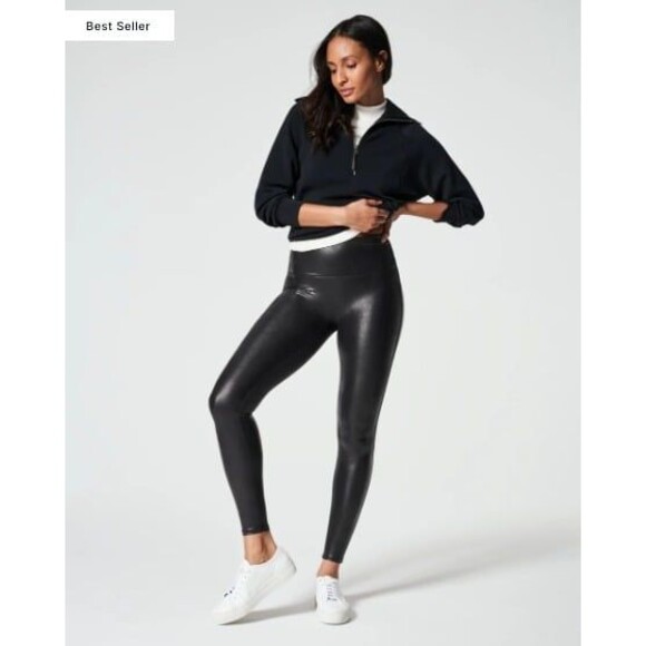 SPANX Black Faux Leather Coated Compression Legging Size NWOT - Picture 1 of 12